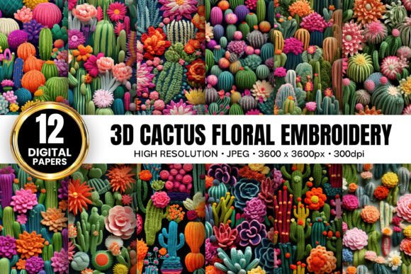 3D Cactus Floral Embroidery for Apparel