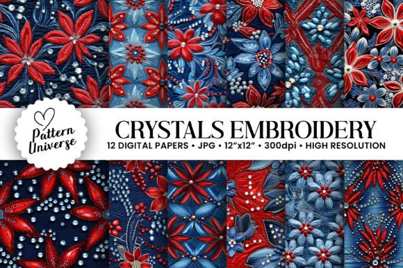 Red Blue Crystals Embroidery for Apparel