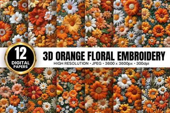 Vibrant 3D Orange Flowers Embroidery Patterns